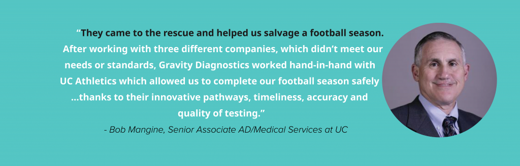 “They came to the rescue and helped us salvage a football season. After working with three different companies, which didn’t meet our needs or standards, Gravity Diagnostics worked hand-in-hand with UC Athletics which allowed us to complete our football season safely …thanks to their innovative pathways, timeliness, accuracy and quality of testing.” - Bob Mangine, Senior Associate AD/Medical Services at UC